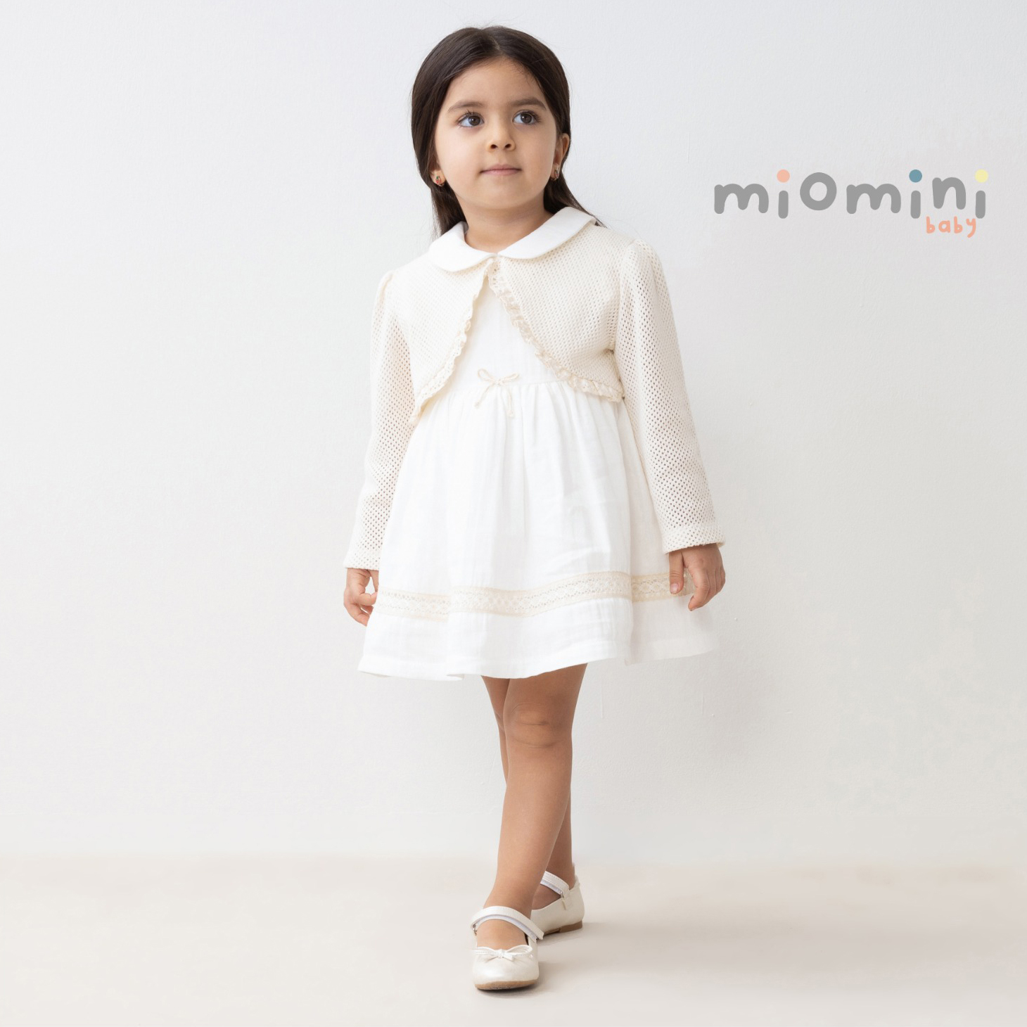 Miomini Muslin Baby Girl Dress with Mesh Bolero, (4345), Beige, 6 Months