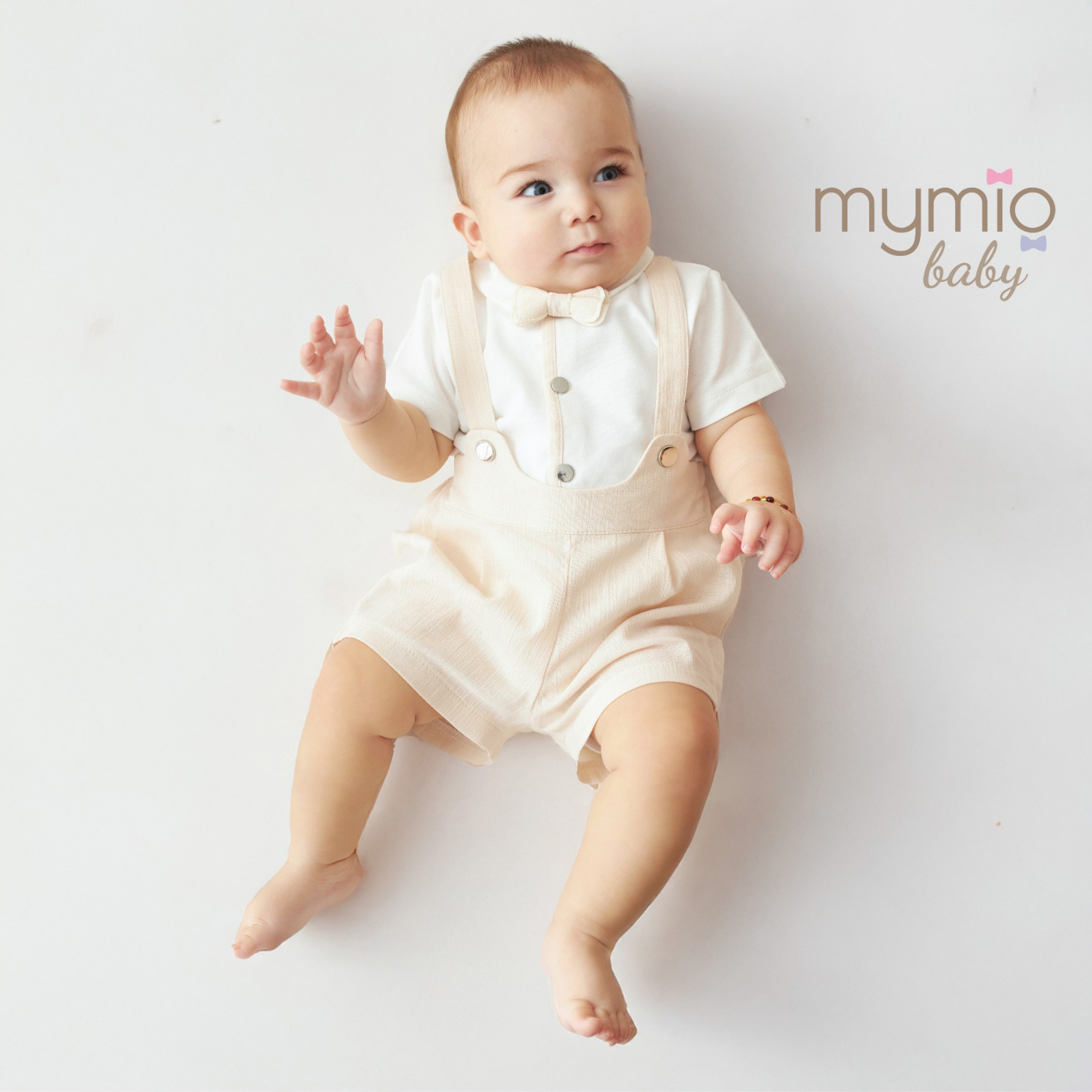Mymio Crinkle Fabric Baby Boy Overall Romper, (4325), Beige, 6 Months