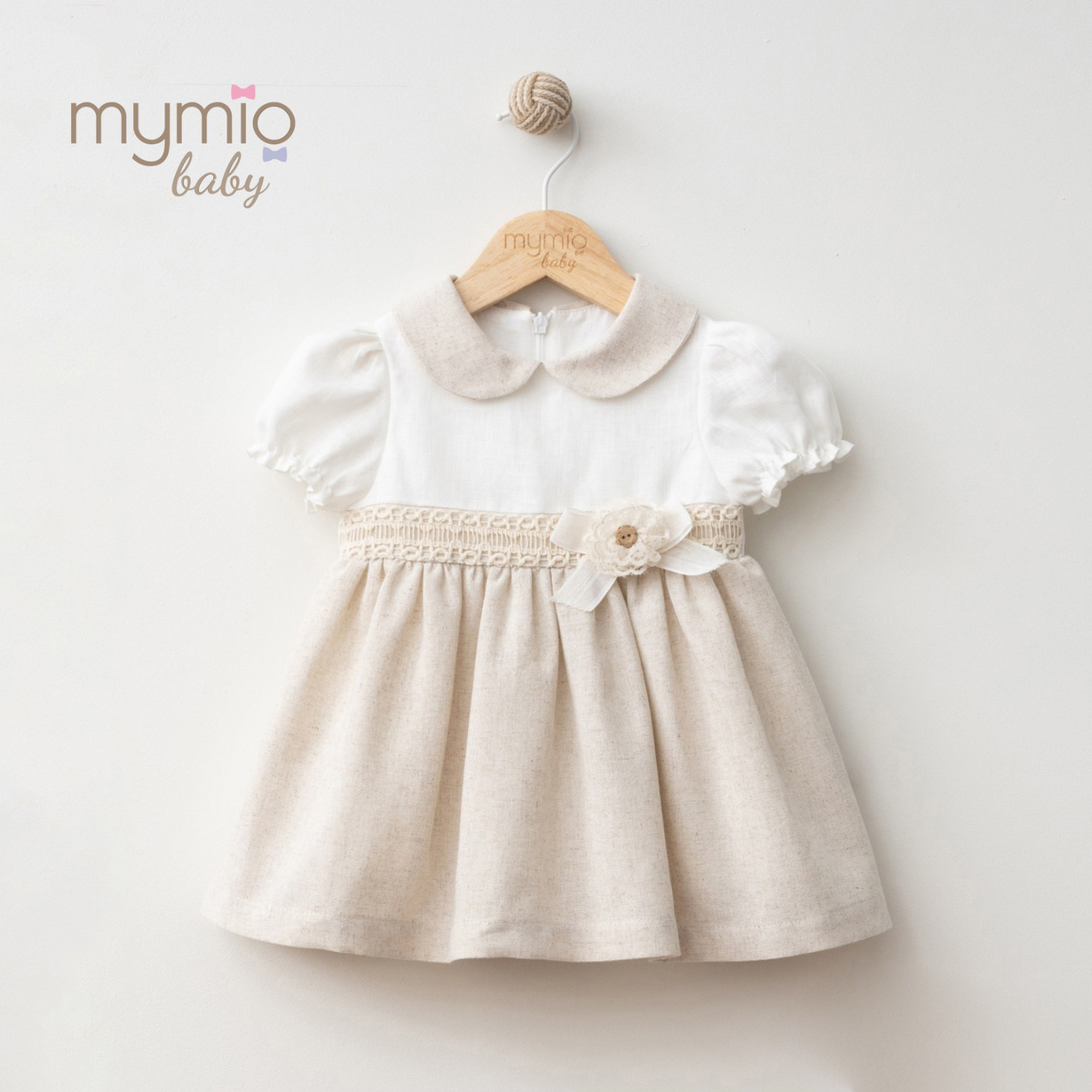 Mymio Slub Linen Baby Girl Dress, (4401), Brown, 12 Months